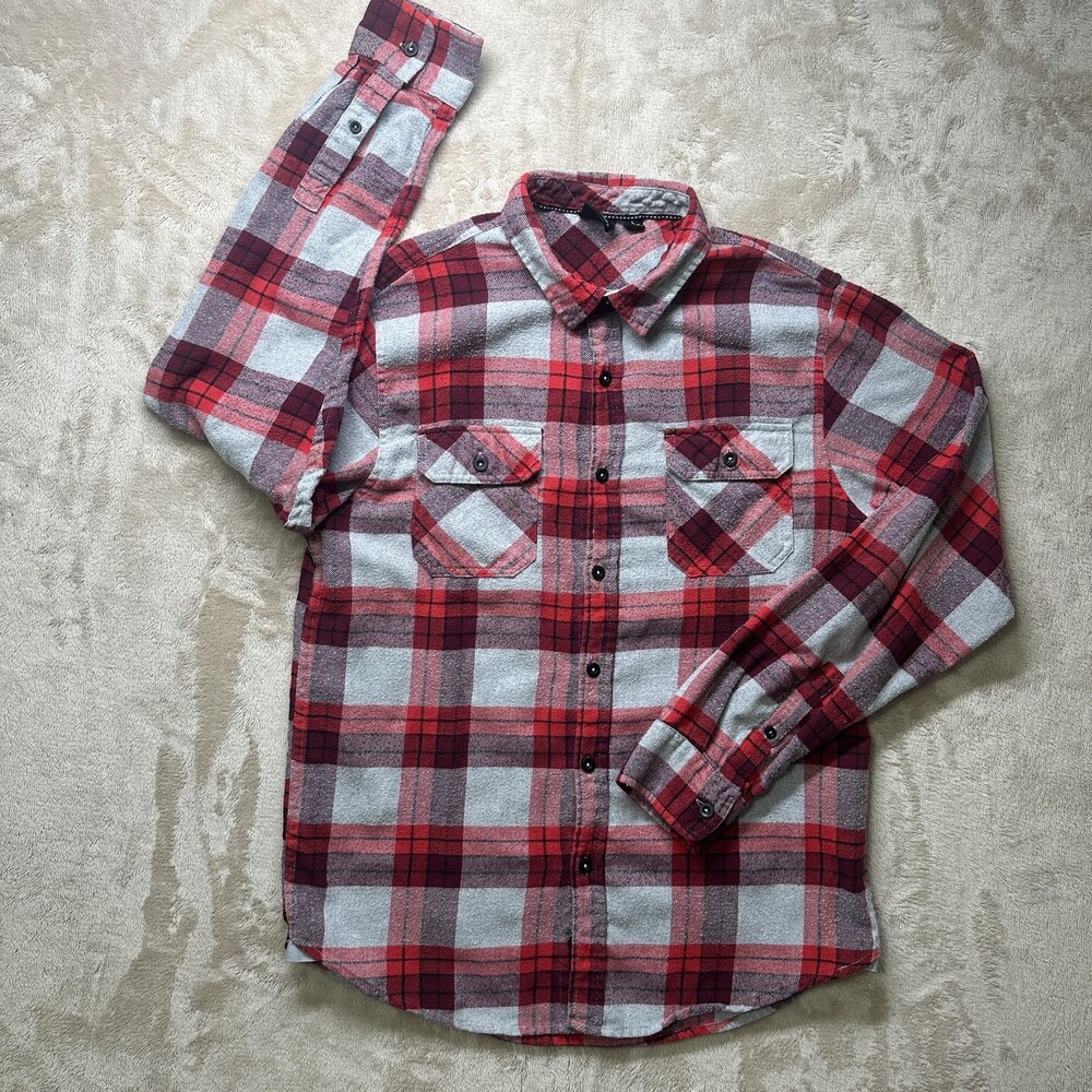 Burnside Shirt Mens Large Grey Red Plaid Flannel Button Front Long Sleeve BL8281